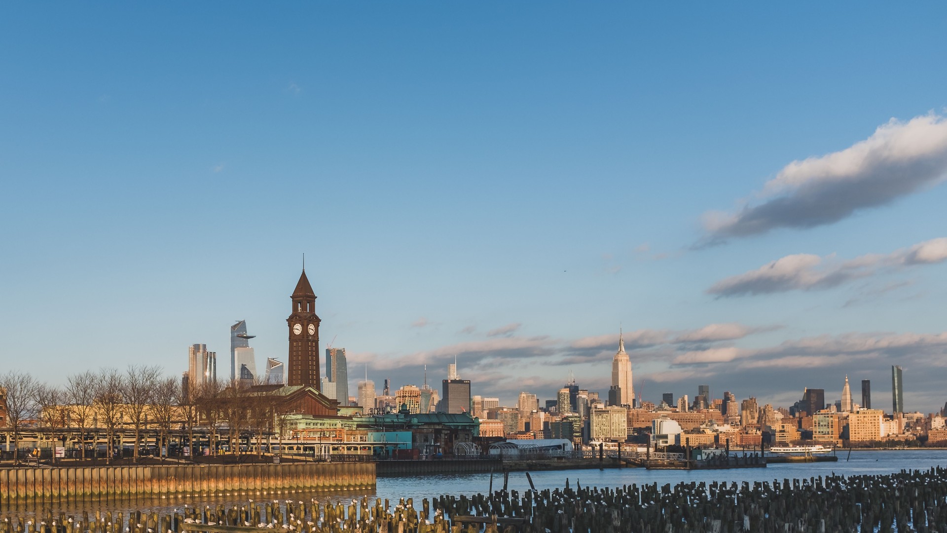Hoboken train station in New Jersey with view of midtown Manhattan